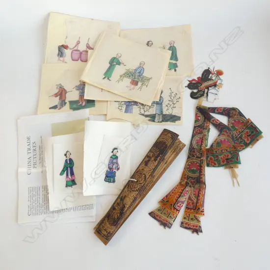 A collection of assorted Chinese rice paper pictures, plus an Indonesian puppet and etched hanging.